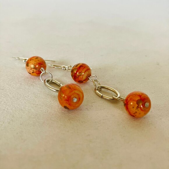 Orange Swirl Earrings Ceramic Beaded Silvertone Metal Oval Hoop Handcrafted New - Picture 6 of 6